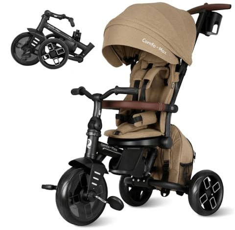 Qplay Triciclo Evolutivo COMFO MAX 6 in 1 nero | Triciclo Bebe 1 anno pieghevole in alluminio con seduta a 360°, reclinabile e capottina - per neonati da 10 a 72 mesi (beige)