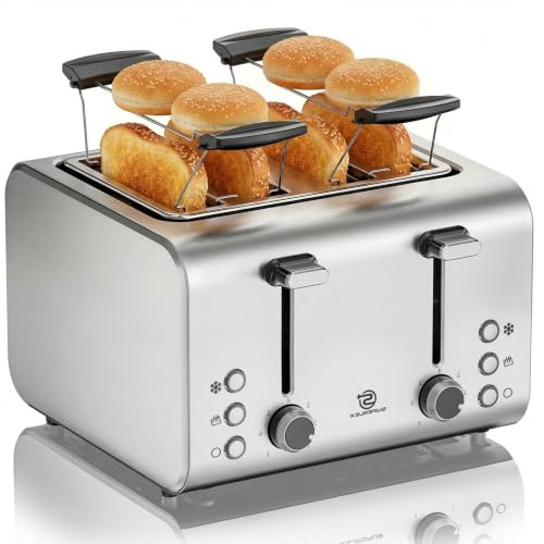 SUPERLEX Toaster 4 Scheiben Doppelschlitz Edelstahl 1600W - 2 Unabhängige | 7 Bräunungsstufen, Auftau-, Aufwärm- & Stoppfunktion, Autom. Auswurf, Inkl. Brötchenaufsatz Krümelschublade Familie