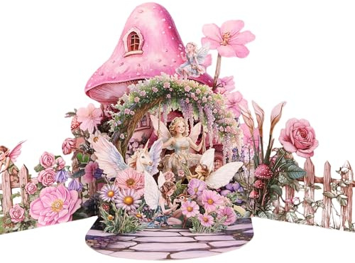 pekifaves Biglietto di auguri pop-up, fata 3D Biglietti di auguri di compleanno con busta, fiori rosa unicorni farfalle elfi giardino biglietto di auguri, per donna mamma moglie amica figlia