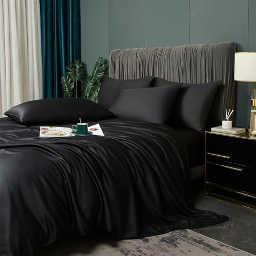 YASMENG Cooling Duvet Cover King Set Black, 100% Viscose Derived from Bambo, Summer Soft Breathable Rayon Bedding Set for Hot Sleepers, Luxury Luxurious Silky Smooth Comforter Cover for All Seasons