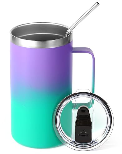 Volhoply 650ml (22oz) Insulated Coffee Mug with Lid and Straw, Stainless Steel Travel Mugs with Handle, Leak Proof Double Wall Coffee Cup for Hot and Cold Drinks (Purple Green,1 Pack)