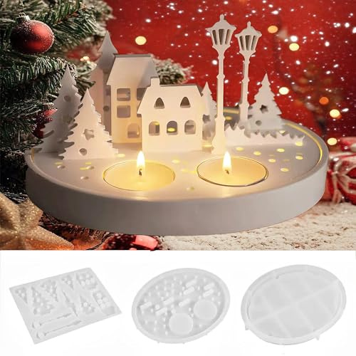 Silikonformen Gießformen Häuser, 3 Stück Silikonform Haus für Weihnachten Kerzenhalter,Silikonform Häuschen,Gießform Tannenbaum,Silikon Kerzenhalter Baum Giessformen, für DIY Gips Epoxidharz Formen