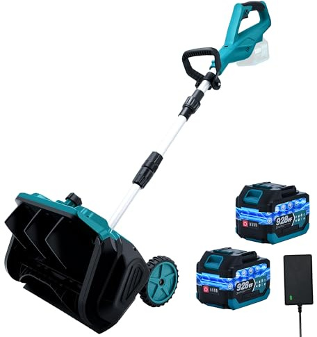 Akku Schneefräse für Makita Akku 18V, 1000W Elektrische Schneefräse mit Rollen, Arbeitsbreite 32 cm, max.Schneehöhe 18 cm,Wurfweite 6m,30° Einstellbar (Blau mit 2 Batterie)