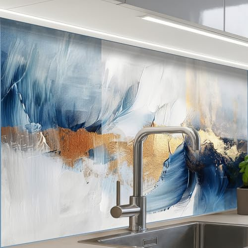 KitchenYeah© Splashback for Kitchen self-Adhesive Wall Protector Splash | 24x32 / 60x80 cm - Back Cooker Backsplash Gold - Blue - Watercolor - Art - Modern