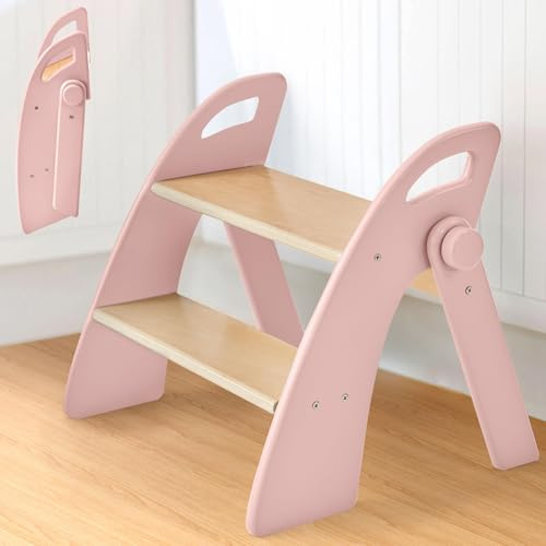 Tritthocker Kinder 2 Stufen aus Holz, Tritthocker mit Antirutschmatte und Griffen, Faltbarer Trittschemel für Baby, Trittleiter für Bad, Kleinkinderzimmer, Küche, Rosa