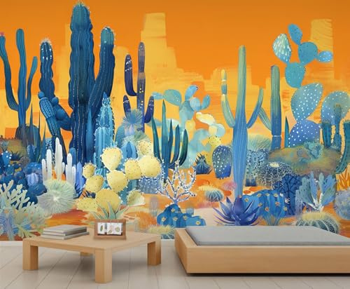 YEMYOR Cactus Mural Wallpaper Blue Cactus Wallpaper for Restaurant Office Desert Plant Wall Mural for Living Room Bedroom-400x280cm