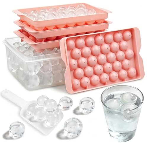 4 Ice Cube Trays with Lid,Round Ice Cube Moulds with Storage Container,Release Sphere Ice Mold for Freezer,Reusable Round Ice Balls Maker, Cocktails, Whiskey, Coffee,Ice Scoop