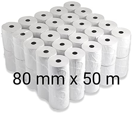 50 BPA-freie Thermorollen aus hochwertigem 48 g/m² Premiumpapier für Kassensysteme und Thermodrucker. Format: 80 mm Breite, 50 m Länge, Rollendurchmesser 57 mm, Hülse 12 mm