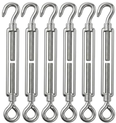 6 tenditori per fune, in acciaio inox 304, M4, regolabili, con gancio e occhiello, per tende da sole, filo da giardino, filo per stendibiancheria, tralicci, antiruggine e robusti