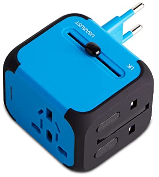 Milool Adaptateur de Voyage Universel US EU UK AU avec 2 USB Ports et Fusibles de pour Environ 150 Pays pour Tablette PC, Smartphones, Appareils Photos et Lecteurs MP3-Bleu
