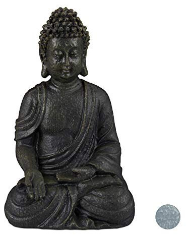 Relaxdays Buddha Figur sitzend 18cm, Dekofigur für Wohnzimmer und Bad, feuchtigkeitsresistent, Kunststein, dunkelgrau