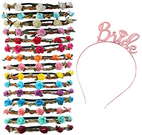 htbakoi Couronne de Fleurs pour Cheveux, 15 Pièces Multicolores Serre Tête et Headband Elastique Réglable avec Tiare Or Rose pour Femme et Fille