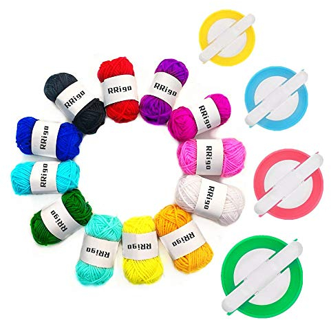 Pom Pom Maker, 4 Größen Fluff Ball Weaver Nadel PomPom Maker Sets-DIY Pompoms Handwerk Making Kits, Pom-Pom Maker Knitting Loom + 12Pcs Acrylgarn(16)