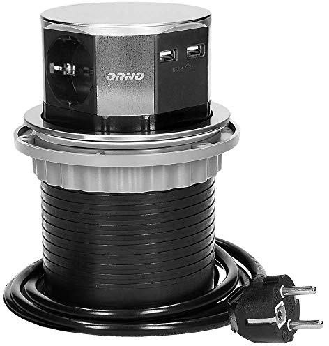 ORNO AE-1381(GS) Infällbar Installation Grenuttag 3-vägs + 2xUSB-laddare 3680W 1,5m Kabel Ø10 cm INOX