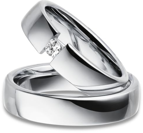 Kolibri Rings Freundschaftsringe Silber 925 Paarpreis | Spannring-Optik Massiv Rhodiniert, 5 mm Breite, Zirkonia Stein | Partnerringe + Gravur Kostenlos + Made in Germany Inkl. Etui + Ringschablone
