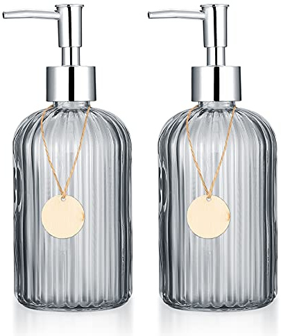 2 Pcs Glass Soap Dispenser Bottle with Pump, 14 Oz Hand Glass Jar Soap Liquid Bottles, Refillable Soap Pump Bottle Dispensers for Bathroom, Kitchen, Countertop, Laundry Room - Transparent