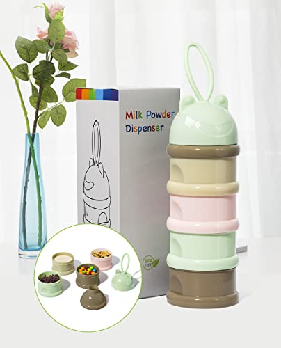 Dispensador de leche en polvo para bebés y bebés con 4 compartimentos separados con bloqueo giratorio, portátil con mango de silicona, libre de BPA, verde