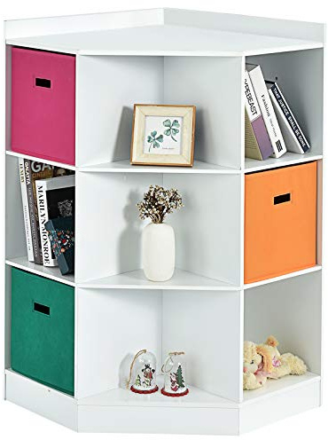 DREAMADE Bibliothèque d'Angle Enfant à 3 Niveaux Meuble de Rangement Garçon et Fille avec 3 Tiroirs en Tissu,Dispositif Anti-basculement Étagère pour Jouets,Livres,Chambre,Salle de Jeux, Salon (Blanc)