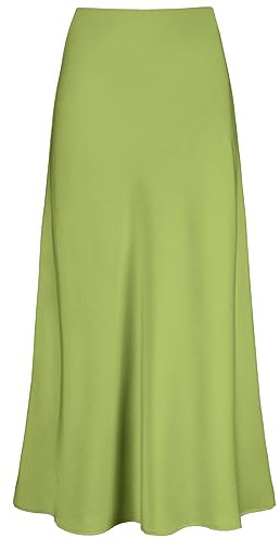 Outoshe Dam satin hög midja maxikjolar dold elastisk midja en linje lång kjol, Äppelgrön, XL