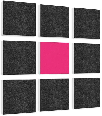 platino24 Akustikpaneele 9 Elemente Colore Quadrat 27,5 x 27,5 cm Anthrazit + Fuchsia I Schallabsorber aus Basotect G+ mit Akustikfilz I Schalldämmung Wand & Decke I Akustikelemente Wandpaneel