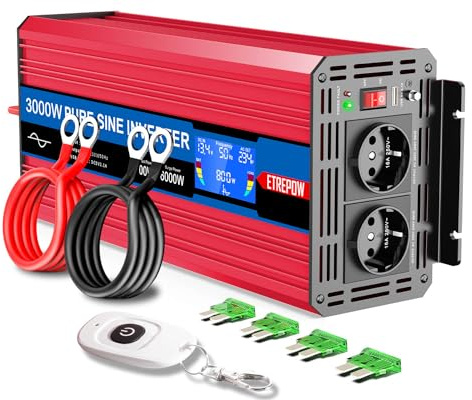 ETREPOW 3000W Inverter 12v 220v Onda Sinusoidale Pura Trasformatore con 2 Prese EU e una USB, Telecomando Senza Fili e Display LCD - Picco 6000W