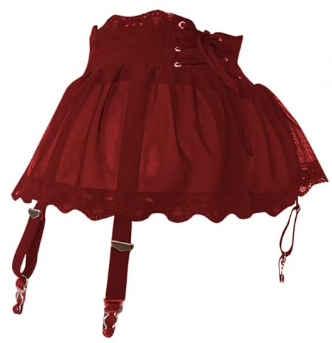 ROSVAJFY Minigonna Sexy Reggicalze Vita Alta Donna 6 Clip Metallo per Calze,Giarrettiere Elastiche Regolabili Biancheria Intima Lacci Lingerie Maglia Trasparente Hot con Mutandine Perizoma (Borgogna)