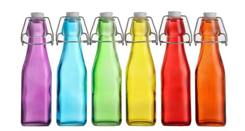 simpa Vintage Style Mix Colour Glass Bottles with Swing Top Lids. Square 250ml Bottles - Set of 6