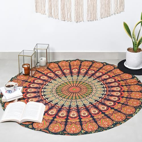 RAJRANG BRINGING RAJASTHAN TO YOU Runder Pfauen-Wandteppich – 121,9 cm, goldgrünes Chakra-Mandala-Roundie, Boho-Hippie-Tischdecke, Strandüberwürfe aus reiner Baumwolle für Picknick und Camping
