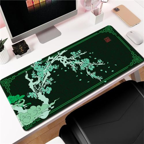 Hixingo Fleur de Prunier du Japon Tapis de Souris XXL, Tapis de Souris Gamer, Tapis Souris avec Bords Cousus, Tapis de Souris en Base Antidérapante Convient Gaming, Maison (800x300x3mm,Vert)