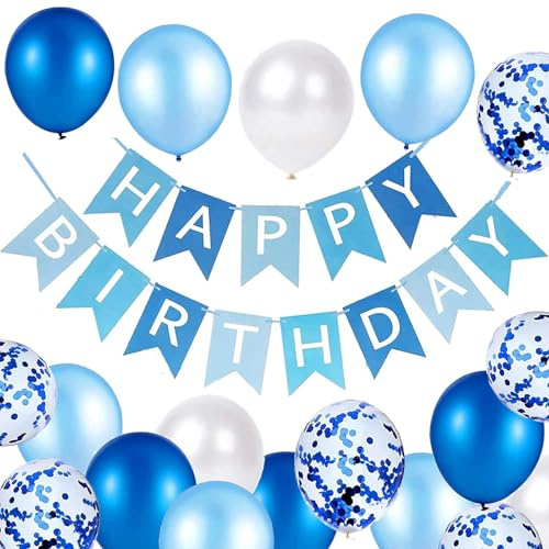 YIXINCHENQI Happy Birthday Banner, Blue Balloons & Ribbons, 16pcs, Perfect for Birthday Parties