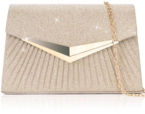 Larcenciel Sac à Main de Soirée pour Femme, Pochette Scintillante Plissée Champagne avec Chaîne Métallique, Élégant Clutches à Paillettes pour Ceremonie Mariage Fete Cocktail Bal Disco,21x5.3x13.5cm
