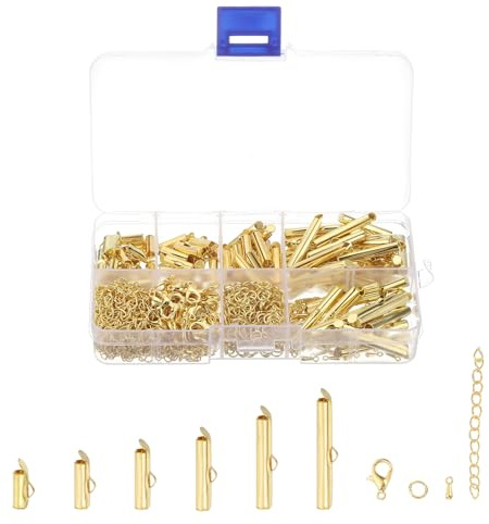 QUARKZMAN 120 Stück Schnur Endkappen, 10/13/16/20/25/30mm Röhrenperlen-Schieber-Klemmen für Mehrstrang-DIY-Bastelarbeiten, Goldfarben