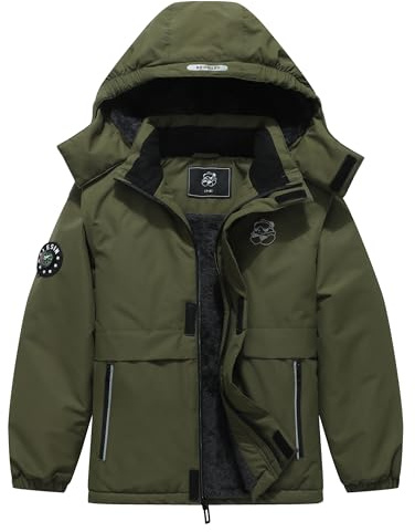 BYLESIN Waterproof Ski Jacket for Children, Warm Winter Coat, Boys, Snowboard Jackets, Outdoor, Green (Army Green), 9-10