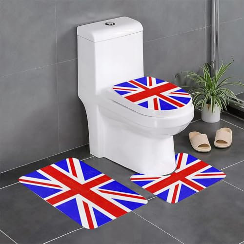 EYLOZS Badezimmerteppich Set 3 Teilig Waschbar rutschfeste Badematte Toilettenmatte Weich Saugfähige Badteppiche,Britische Union Jack-Flagge