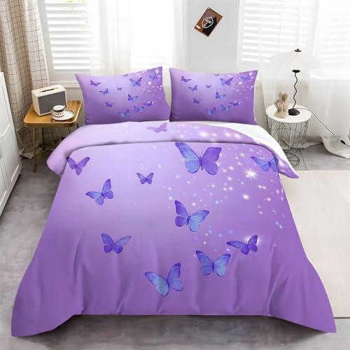 Generic Duvet Cover Set Quiet Romantic Butterfly Patterned 3Pcs Single Duvet Cover Set with Quilt Cover and Pillowcases, Purple Soft Microfiber Bedding Duvet Cover with Zipper Closure