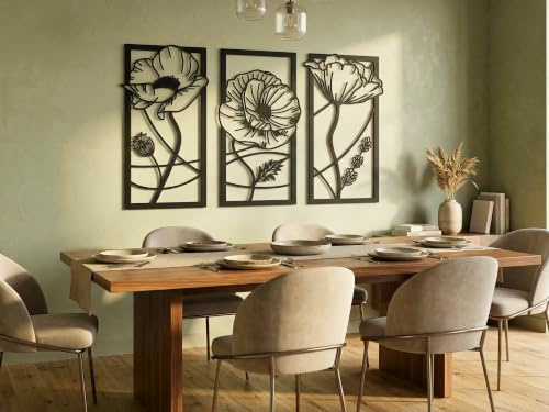 VAILLA Blumen Wanddeko Holz 3D – Wandbild 3er Set Wohnzimmer Schlafzimmer | MDF Sperrholz, Lasergeschnitten, Botanik Blüten, 5 Größen, Schwarz Grau Gold, personalisierbar, Esszimmer Küche Eingang Flur