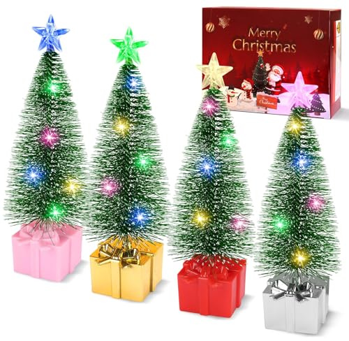 Sadodo Mini-Weihnachtsbaum mit LED-Beleuchtung,17 cm,4 Stück LED Klein Künstlicher Weihnachtsbaum Deko mit Lichtern Sisal Schneebäume Weihnachtsbaum Weihnacht Weihnachtslicht Dekoration Geschenk Box