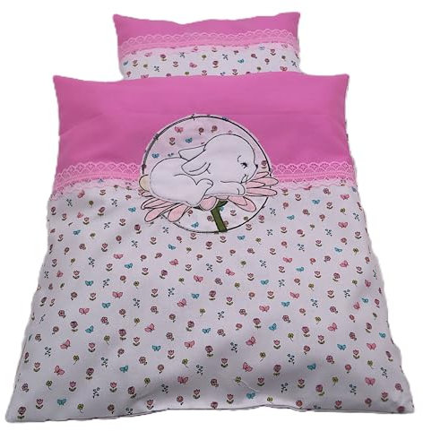 Puppenbettwäsche Hüpfer weiß Blumenprint mit Stickerei, Decke 40 h x 33 b, Kissen 18h x 23 b in cm für Puppenwagen- bett oder Tragekorb