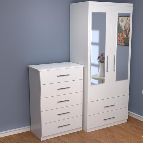 Ready assembled White Bedroom Furniture Set, 2-Door Mirrored Wardrobe and 5-Drawer Chest,