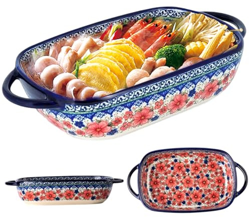 Baking Dish 730ml Heat-Resistant Ceramic Oven Dish with Dual Handles Flower Print Rectangle Lasagne Dish Non Slip Washable Casserole Dishes for Oven