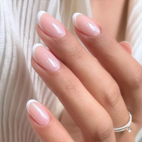 Levimimo Press-on-naglar kort - Vit fransk spets pressa på naglar ovala, Kromglaserade låtsasnaglar med nagellim, Återanvändbara klisternaglar i 12 storlekar - 24 Mjuk gel lösnagelsats, Miss Elegant
