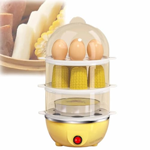 YIGECHENXIN Máquina para Hacer Huevos eléctrica de Tres Capas, 350 W, Mini vaporera de Acero Inoxidable, con Bandeja para cocinar al Vapor y Taza medidora, Apagado automático.,Beige