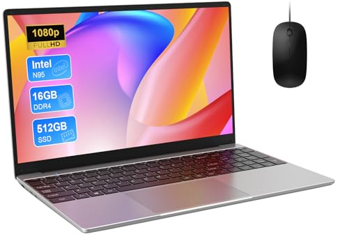 15.6 Inch Laptop, Quad Core N95, 16GB RAM 512GB SSD, Full HD Display, Backlit Full-Size Keyboard, Numeric Keypad, Dual WiFi, Bluetooth, HDMI, USB 3.0, Win11 Notebook for Work Study, Mouse Included
