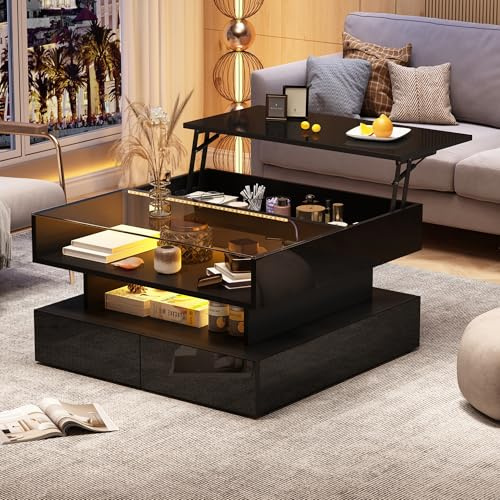 Lcoho 80x80x45cm Couchtisch Höhenverstellbarer Kaffeetisch mit Verstecktem Stauraum und 2 Schubladen,Hochglanz-Wohnzimmer-Beistelltisch,Wohnzimmertisch aus gehärtetem Glas (Schwarz)