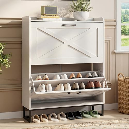 Shoe Cabinet 80cm Width for Hallway, White Shoes Cabinet with 2 Drawer | Can Storage 16-20 Pairs of Shoes, Wooden Shoe Rack Fold for Entryway Living Room