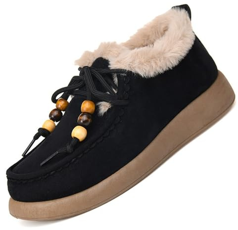 Mocasines de gamuza con cuentas para mujer, para invierno, al aire libre, con forro de piel, puntera redonda, zapatos casuales con cordones, Black, 38 EU