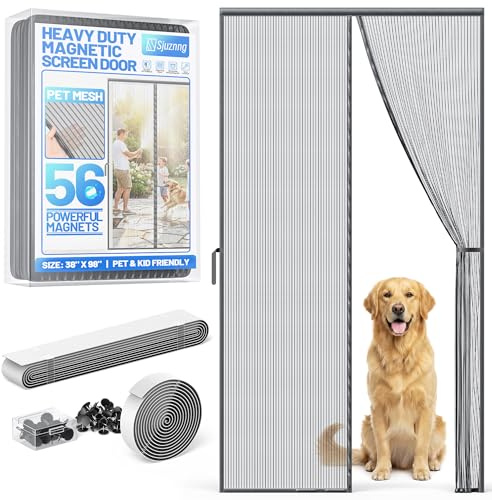 Heavy Duty Magnetic Screen Door Mesh - Auto-Sealing Hand-Free Door Net Screen with 50 Magnets, Pet & Kid Friendly, PET Fine Mesh Doors Screens Keep Bugs & Mosquitos Out Fits Front Doors Size 36” x 96”