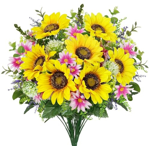 Fairblo 2 Pezzi Bouquet di Girasoli Finti Gialli Fiori Finti Realistici Fiori Artificiali Decorativi Margherite Fiore Girasole Finto per Cimitero Vaso Giardino Matrimoni Centrotavola Decorativi