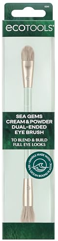 EcoTools Sea Gems Dual-Ended Eye Brush for Cream & Powder, Flat and Fluffy Sides for Blending, Precision Lid to Crease Application, 50% Ocean-Bound Plastic Handle, Vegan & Cruelty-Free, 1 Count