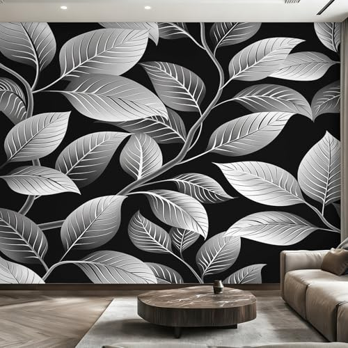 Générique Papier Peint Panoramique Feuille Noir Blanc, Papier Peint Botanique Moderne Fond pour Chambre Wallpaper, Fresque Murale pour Salon Salle Deco Murale, 366x254cm D&O176